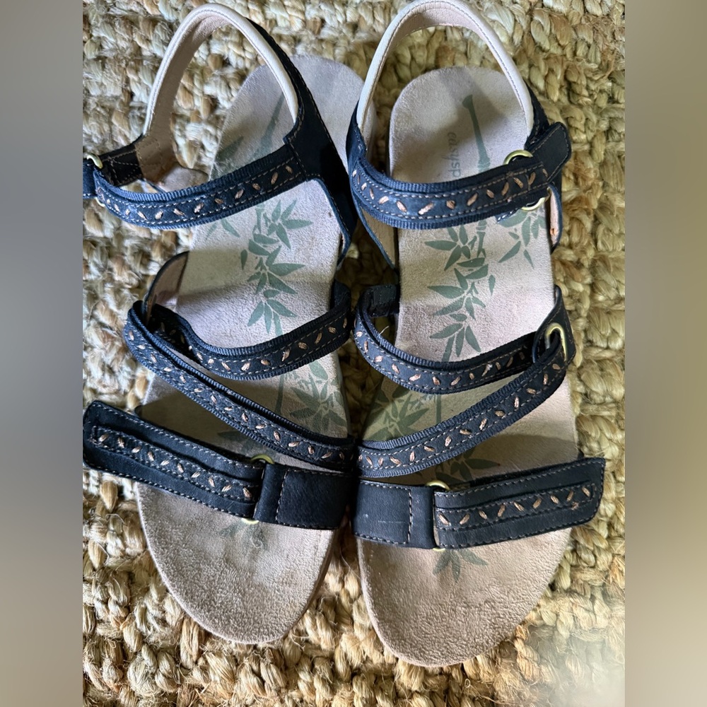 Easy Spirit Women's Sandals Size 8 Adjustable Strap Black Tan Palm Trees summer - Picture 9 of 13